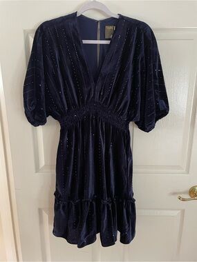 Taylor Navy Velvet Short Sleeve Smocked Mini Dress with Sparkle